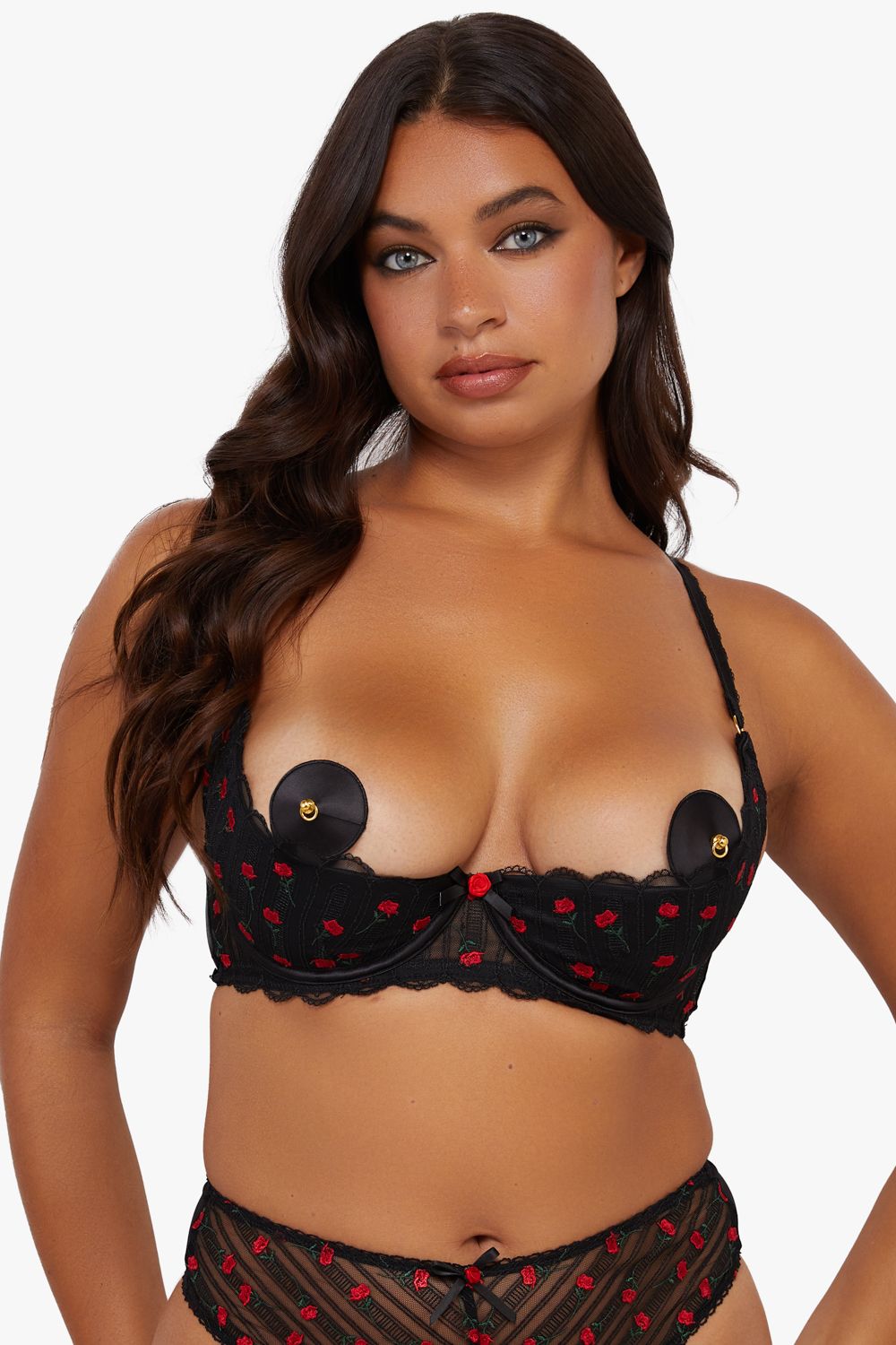 Playful Promises Elodie Black And Red Rosebud Embroidery Quarter Cup Bra