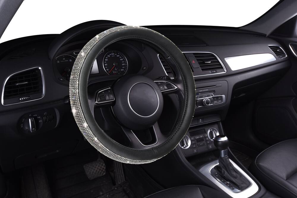 AutoTrends Faux Leather Diamond Steering Wheel Cover, Black