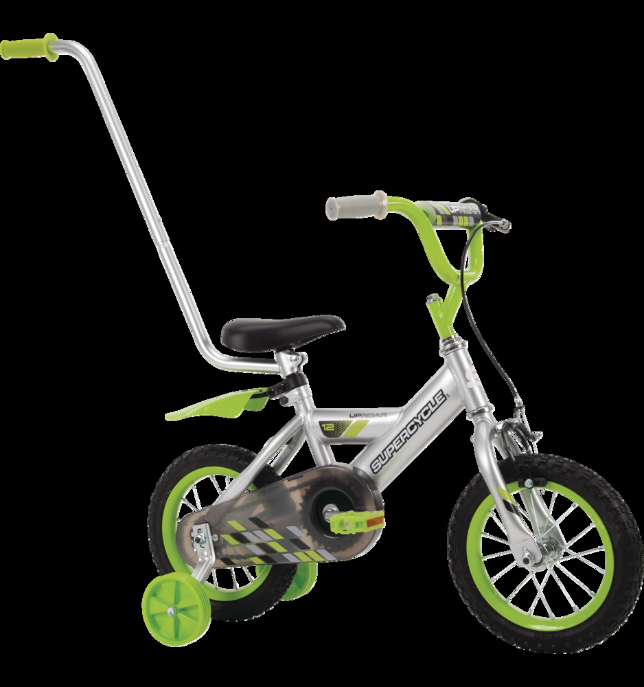 Supercycle Uproar Kids' Bike w/ Parent Handle, 12-in, Silver/Green