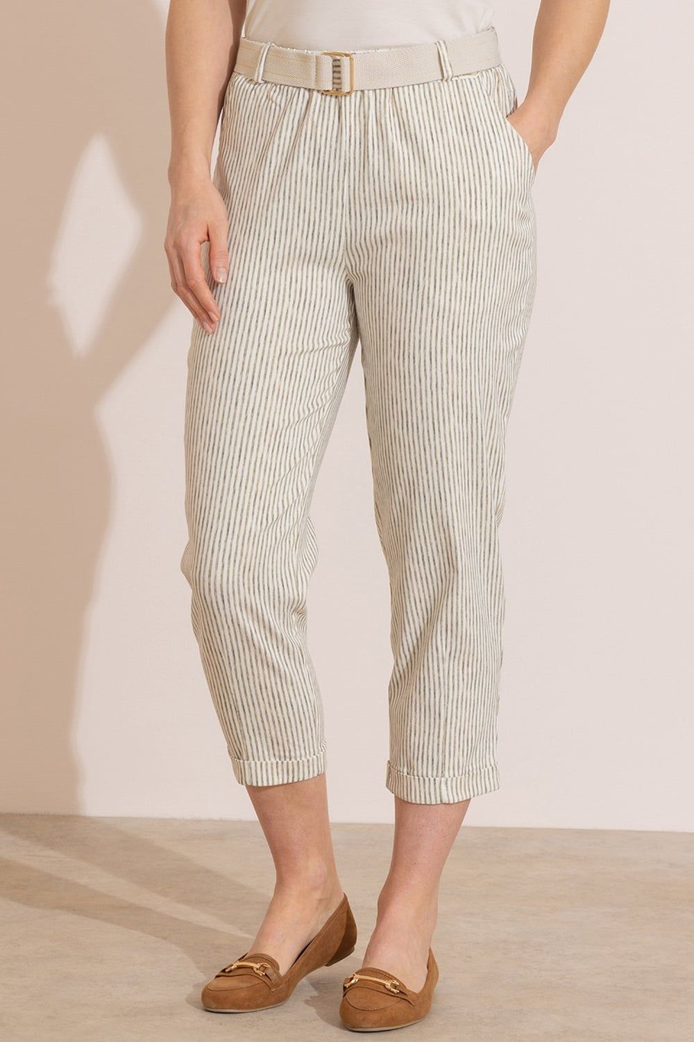 Klass. Cropped Tapered Pull On Striped Trousers