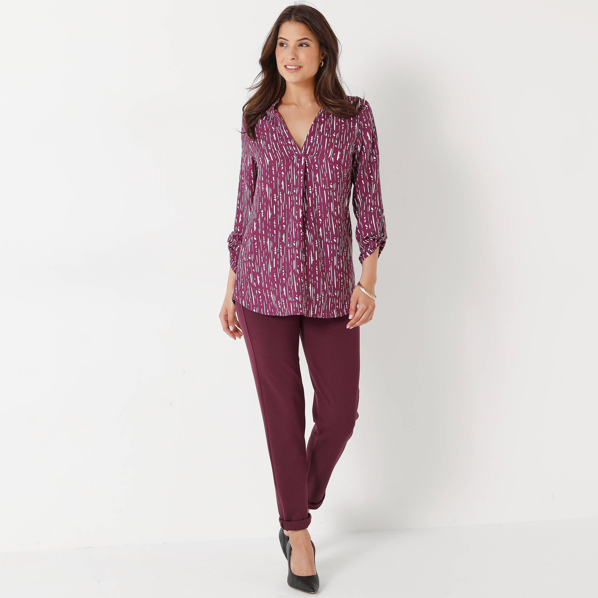 Blouse imprimé graphique col tunisien, cr&ecirc;pe