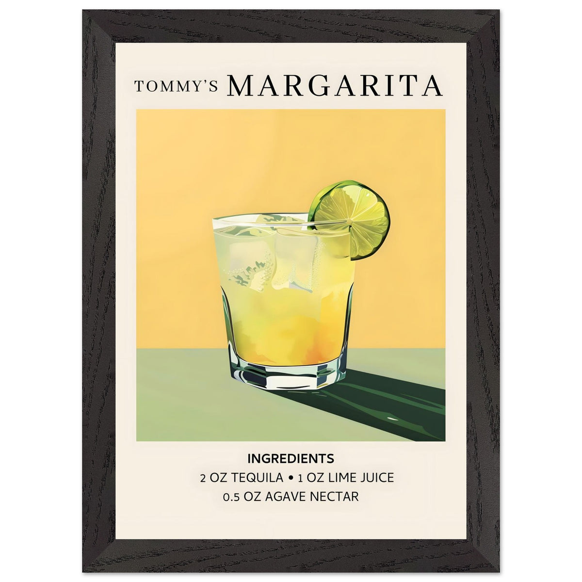 Artfulprints Poster met Lijst Tommy's Margarita cocktail - Ingrediënten  - A4 21x29.7 cm - Geel