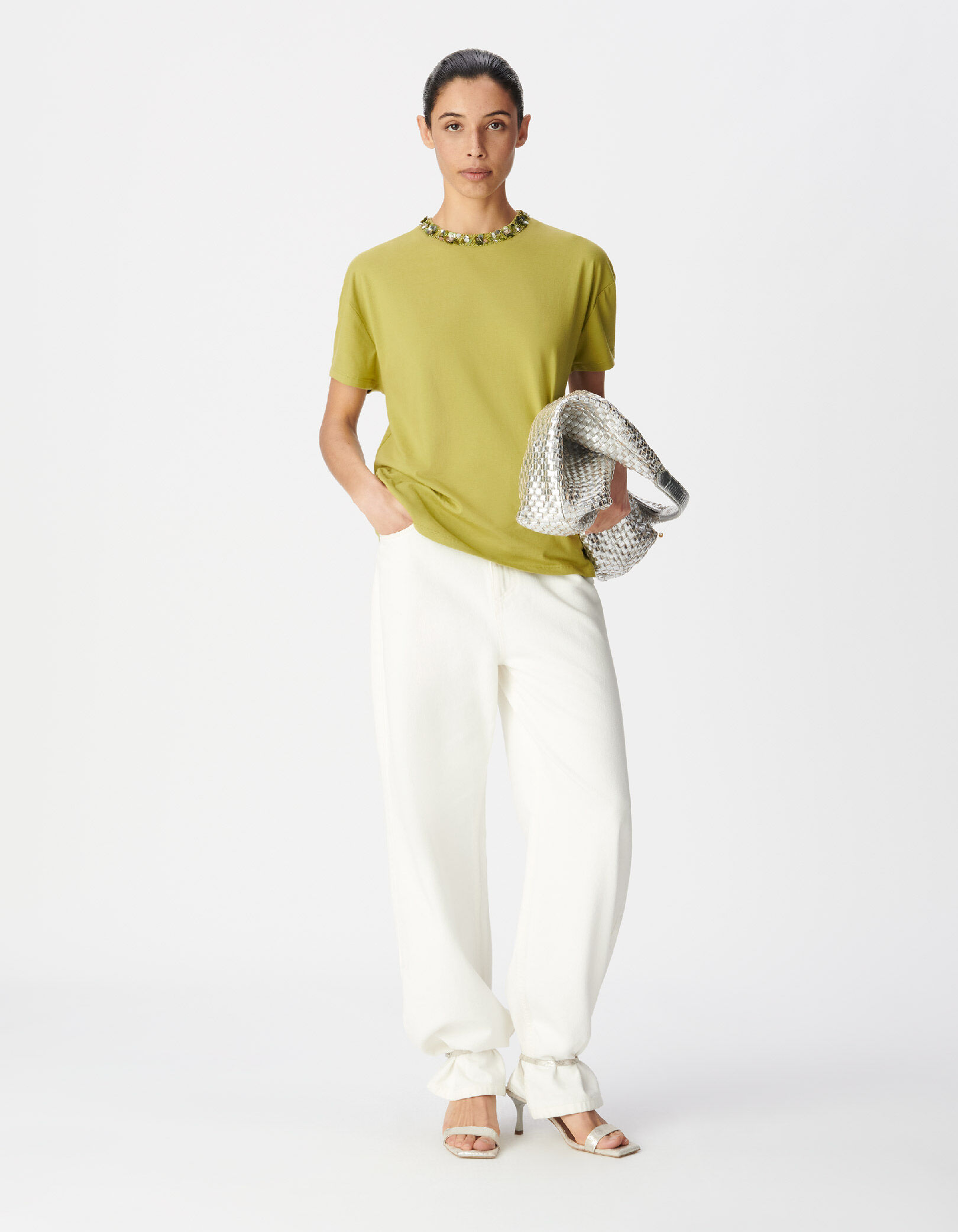 Tee-shirt manches courtes vert col bijou Femme