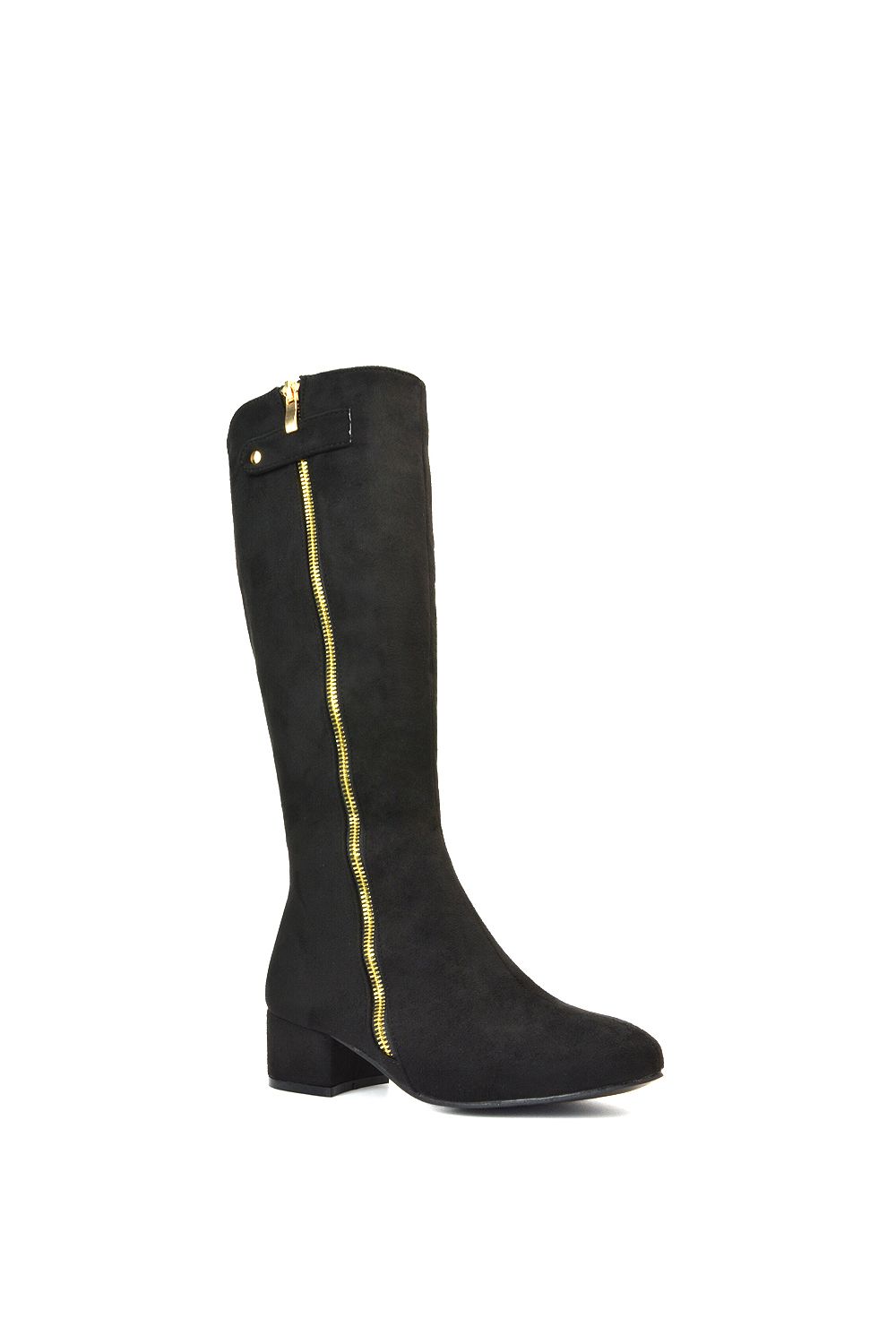 XY London Darcy' Low Block Heel Knee High Long Boots With Decorative Zip