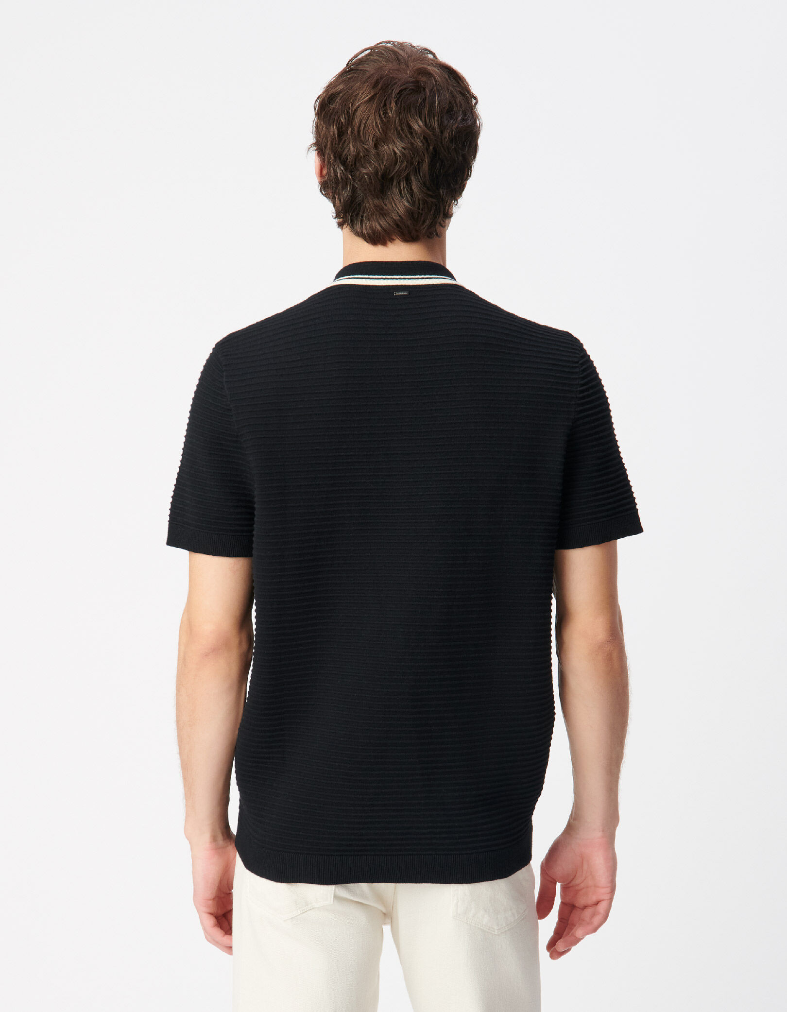 Polo noir tricot relief rayures col rayé Homme