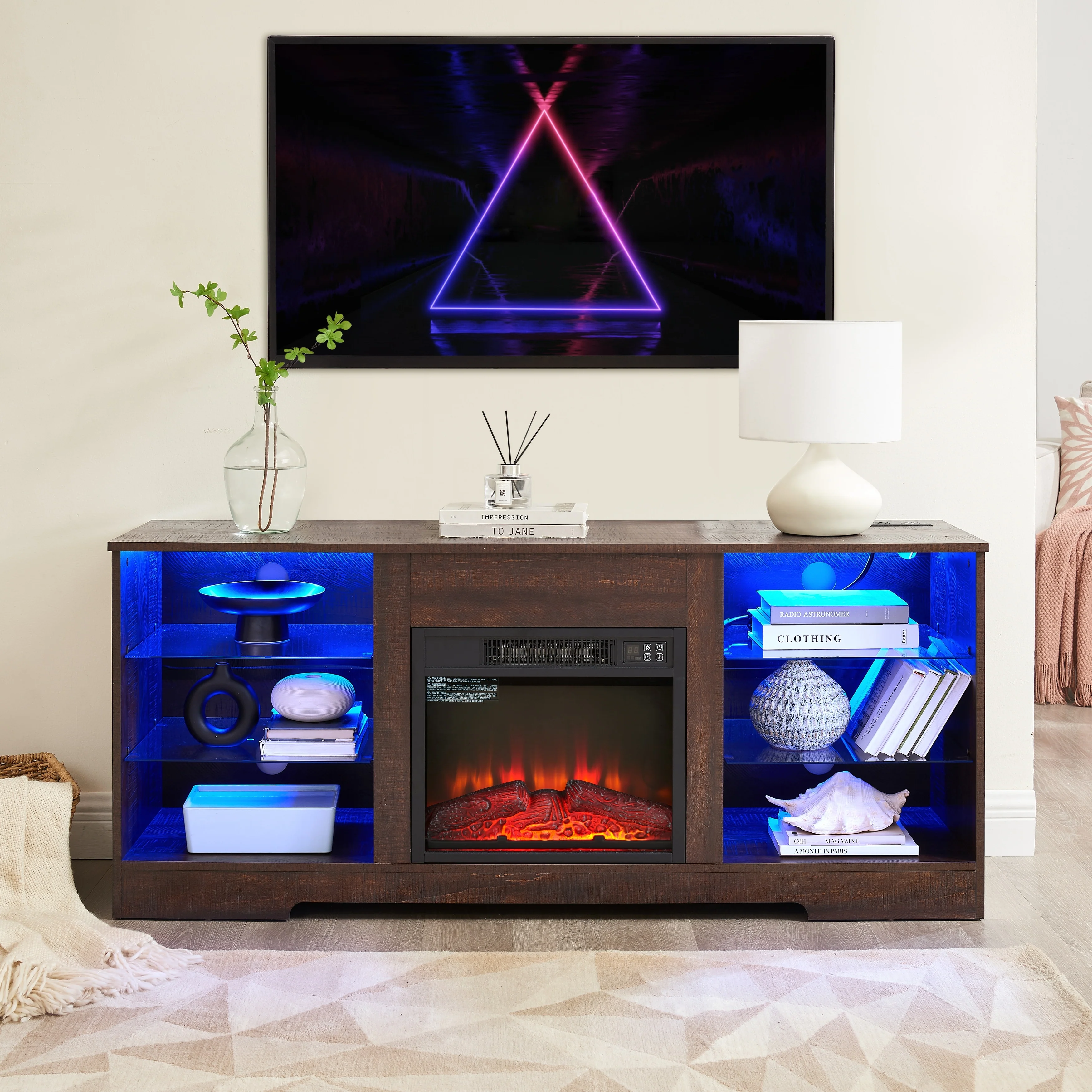 Electric Fireplace TV Stand with Glass Shelves and USB Charging Ports