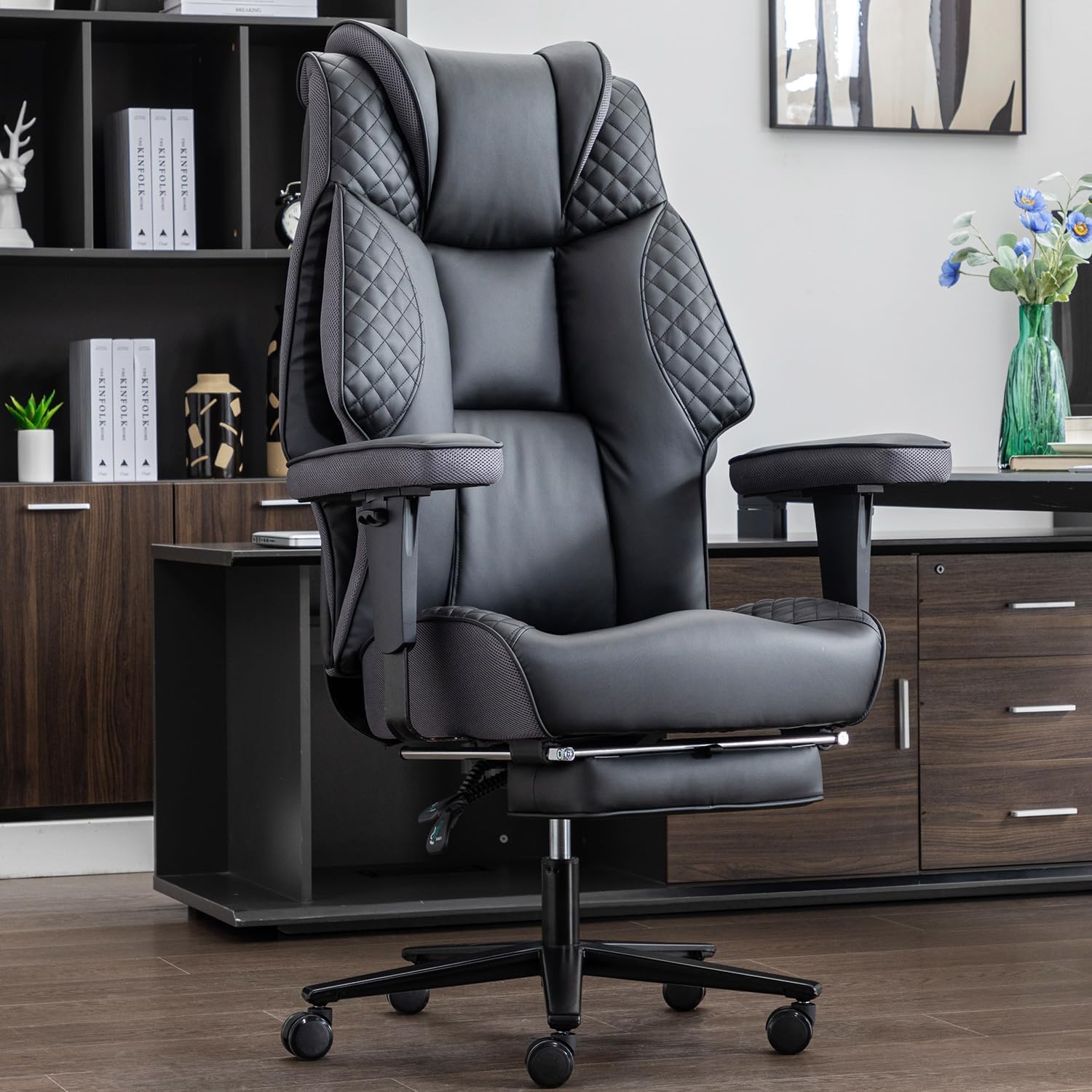 Big and Tall Office Chair 500lbs - 23.6 Extra Wide Seat Ergonomic Executive Chair, Heavy Duty Metal Base High Back Leather Office Chair with Footrest, Lumbar Support & Adjustable Arm, Black