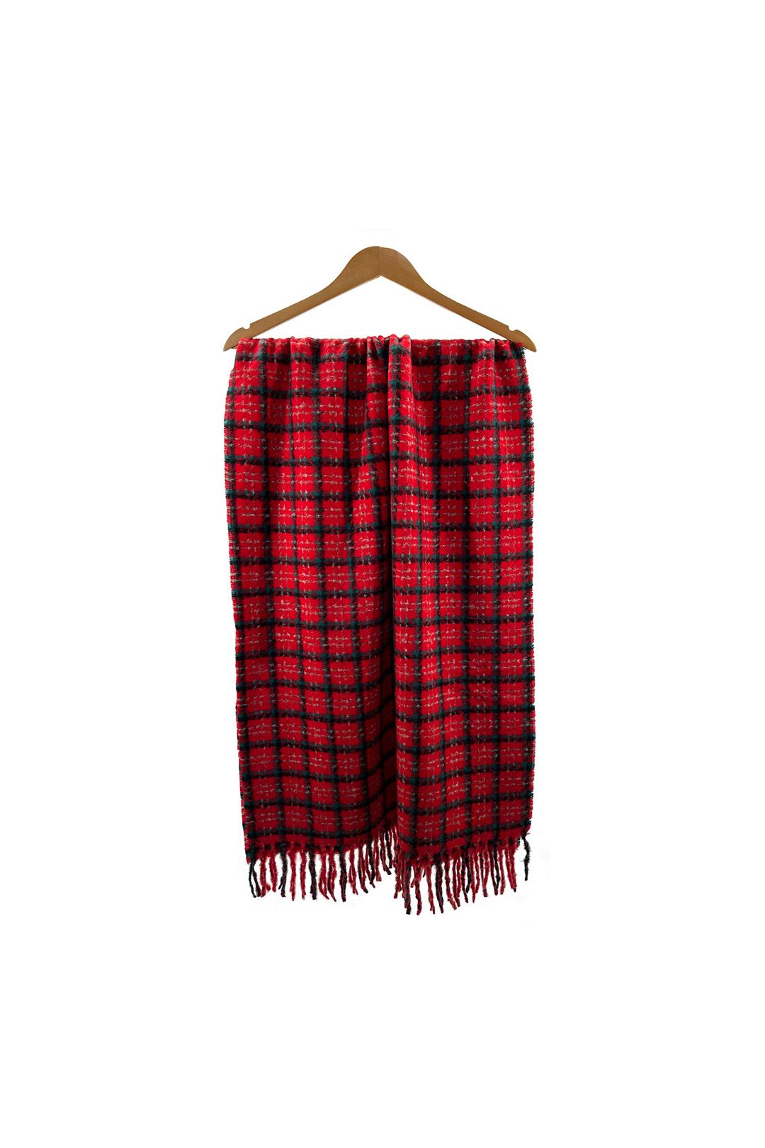 Vellin Red Checked Wool-Blend Scarf with Tassels
