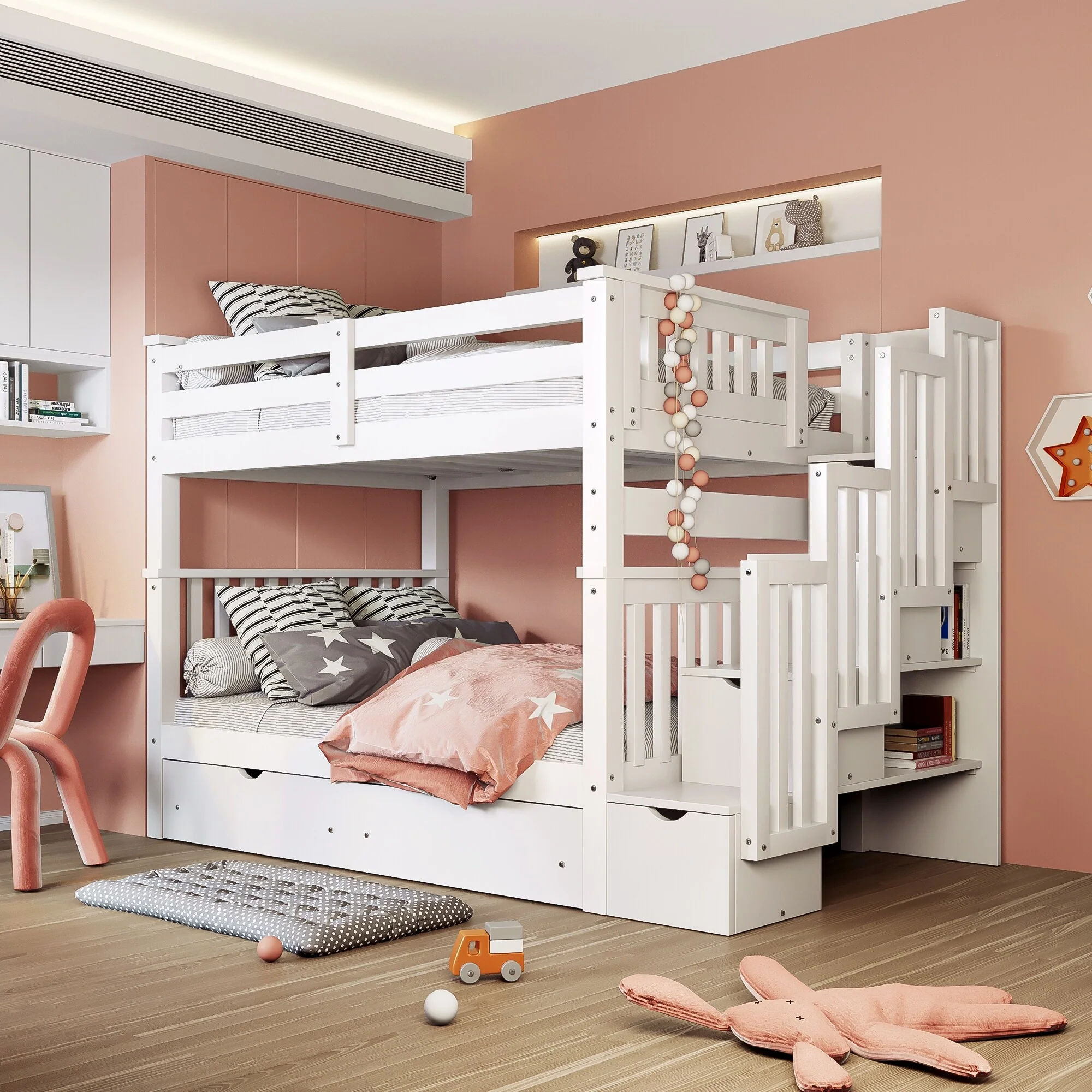 Roomfitters Full Over Full Bunk Bed with Shelves and 6 Storage Compartments, Multi-Functional Frame