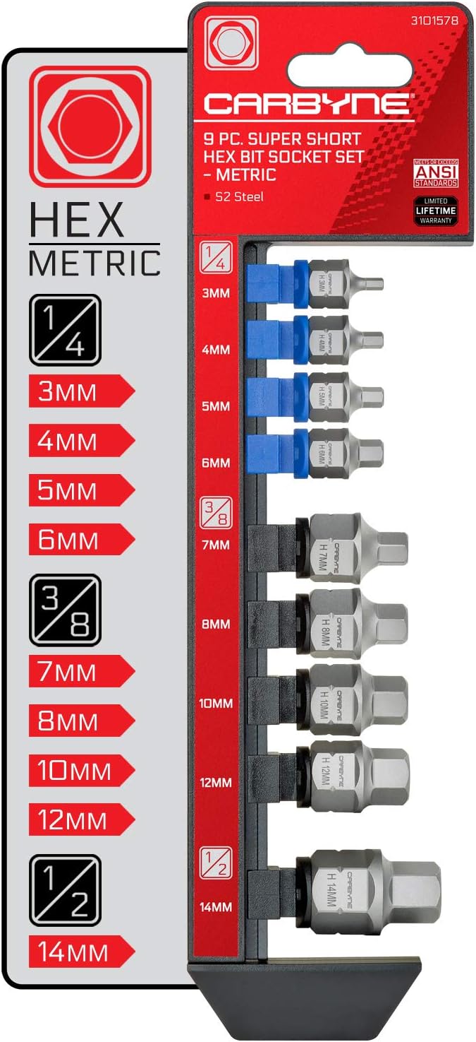 CARBYNE 9-Piece Stubby Low Profile Hex Bit Socket Set Metric, S2 Steel, 3mm to 14mm Super Short Allen Sockets with Dual Drive Internal Square and External Hex for Tight Confined Spaces
