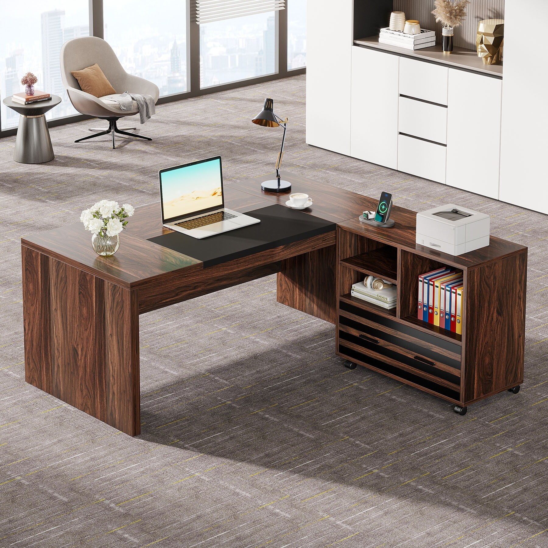 62.2 Executive Desk with Mobile File Cabinet, L-Shaped Office Computer Desk Business Workstation Set