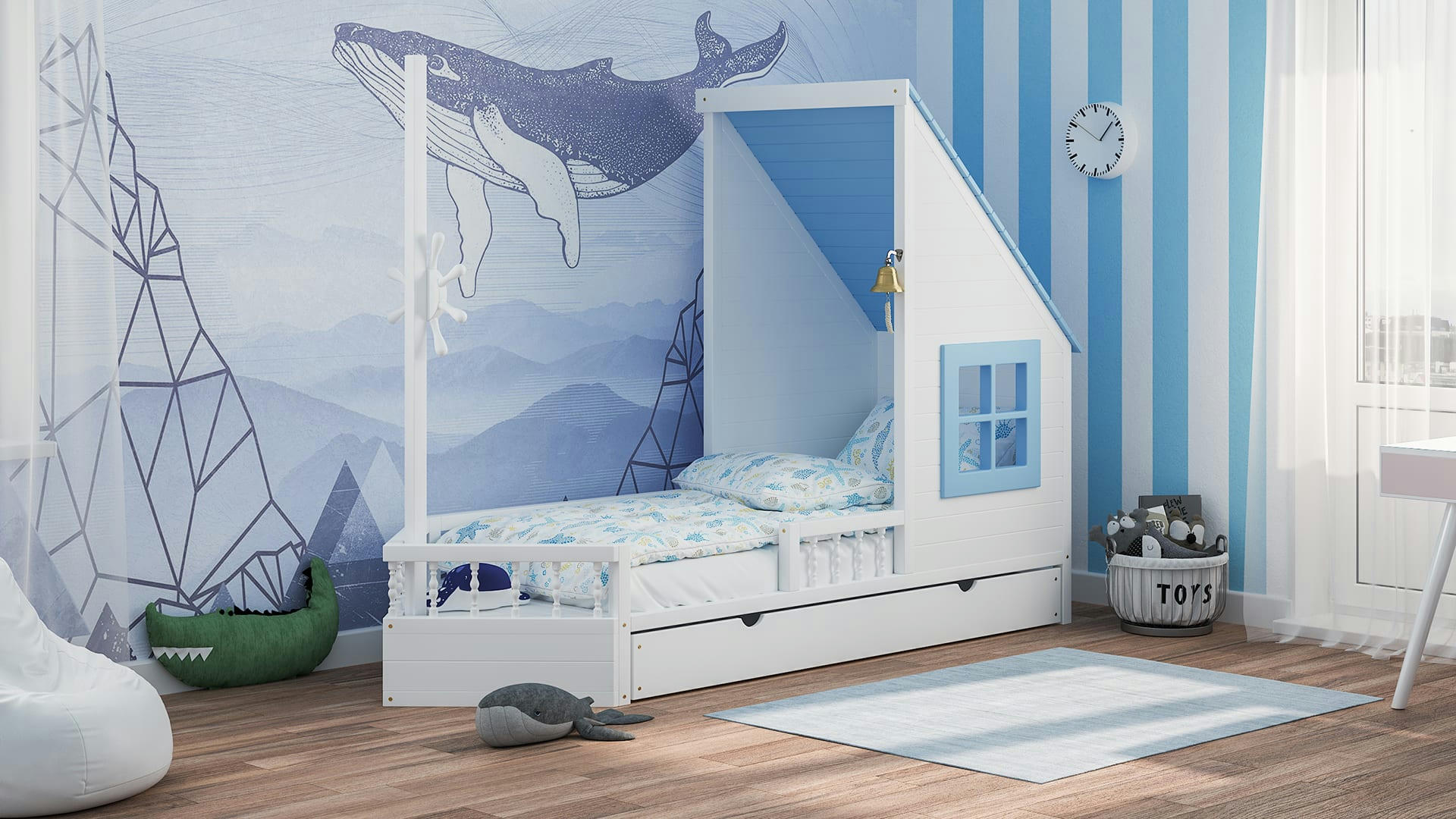 - Lit simple bateau pour enfant en bois de pin massif 190x90 bleu