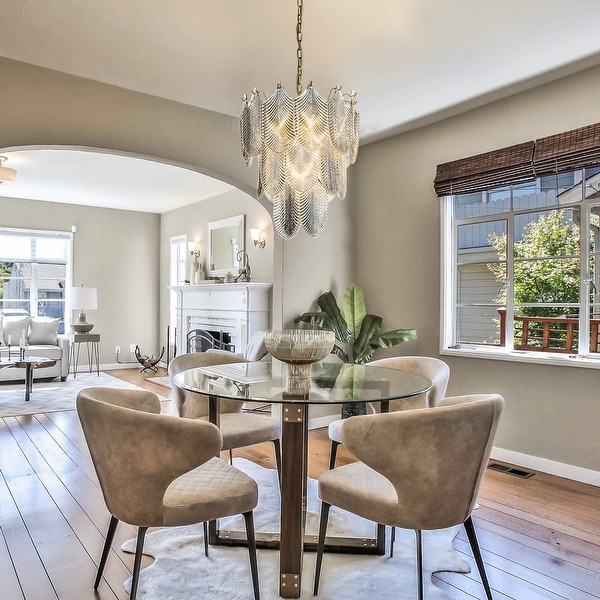 5 Light Glam And Modern Painted Brass Three Tiered Chandelier With Textured Glass Accents - W 19.7"