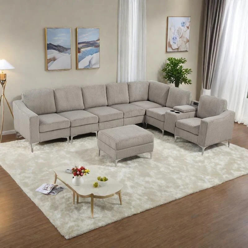 129.14 Corduroy 6-Piece Modular Sectional Sofa with Storage Ottoman, USB Charging and Cup Holders