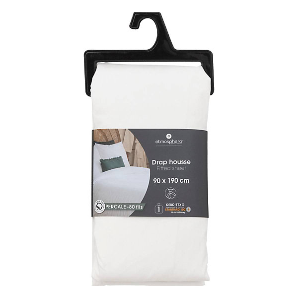 Drap-housse - percale - blanc - 90x190 cm - Atmosphera
