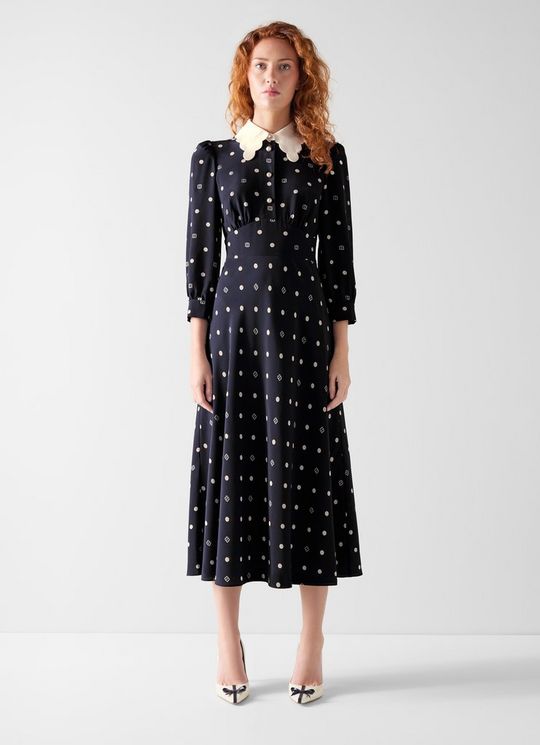 Enya Navy Scallop Collar Slik Dress
