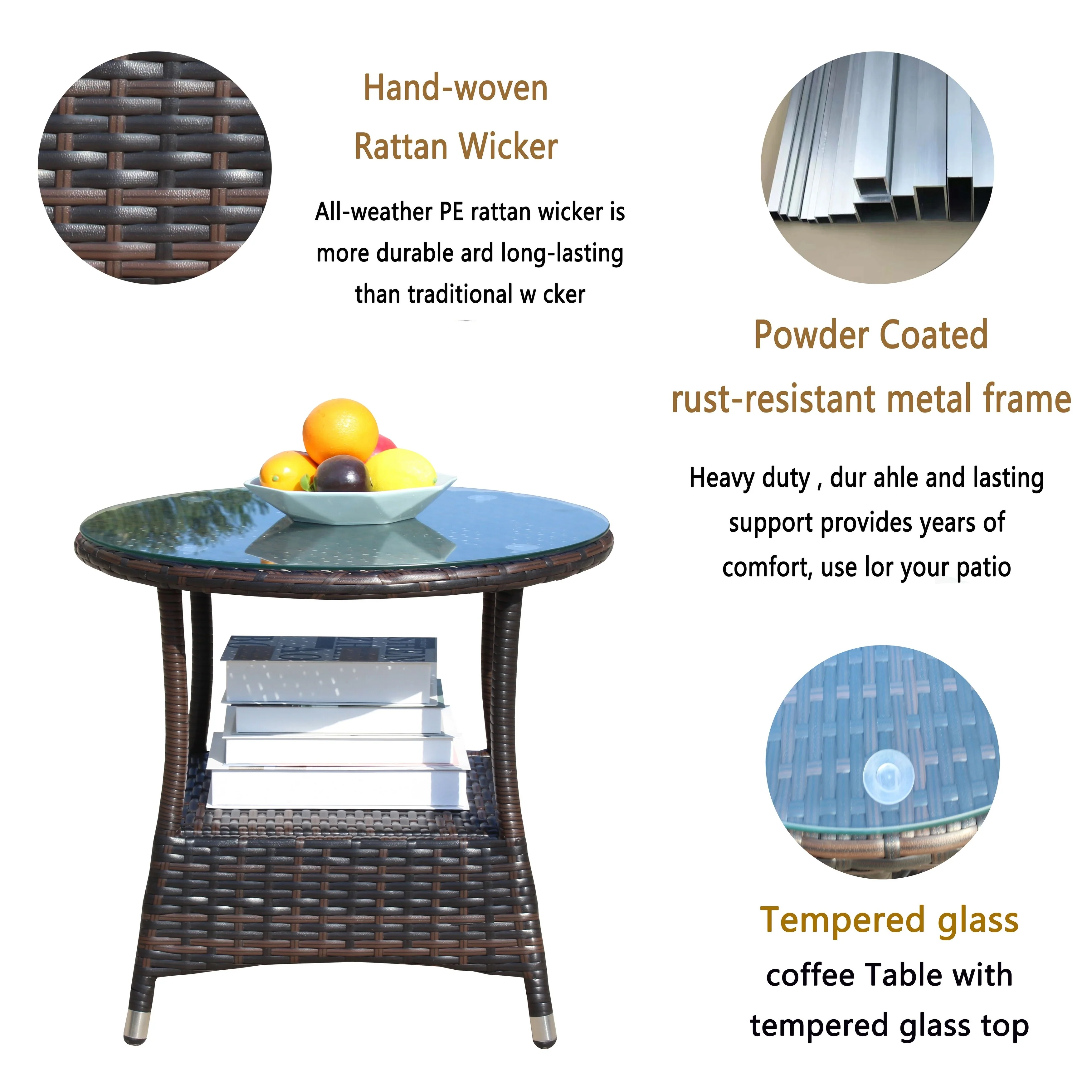 Outdoor patio Furniture 1 Round Coffee Table with clear tempered glass