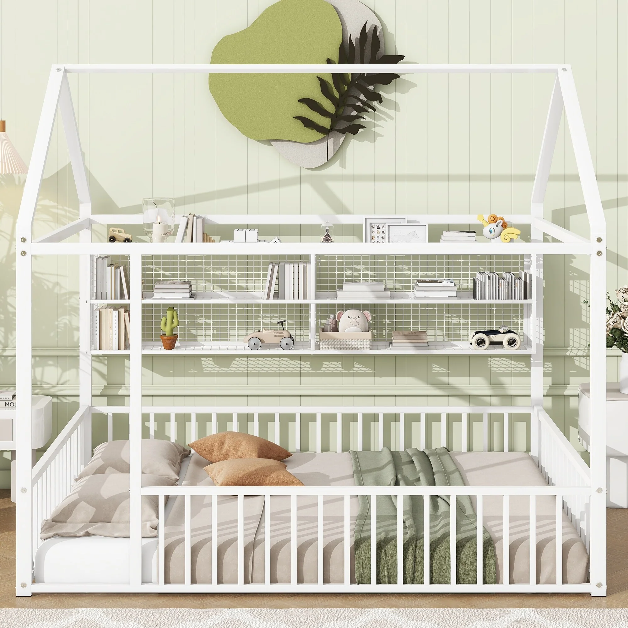 Full Size Metal Frame Bed with House-Inspired Design, Integrated Storage Shelves