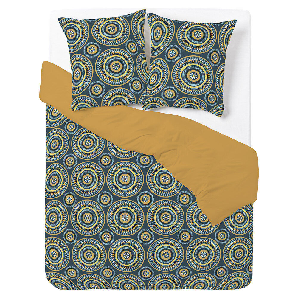 Parure de lit 2 personnes 240x220cm réversible motif arabesque orange et bleu