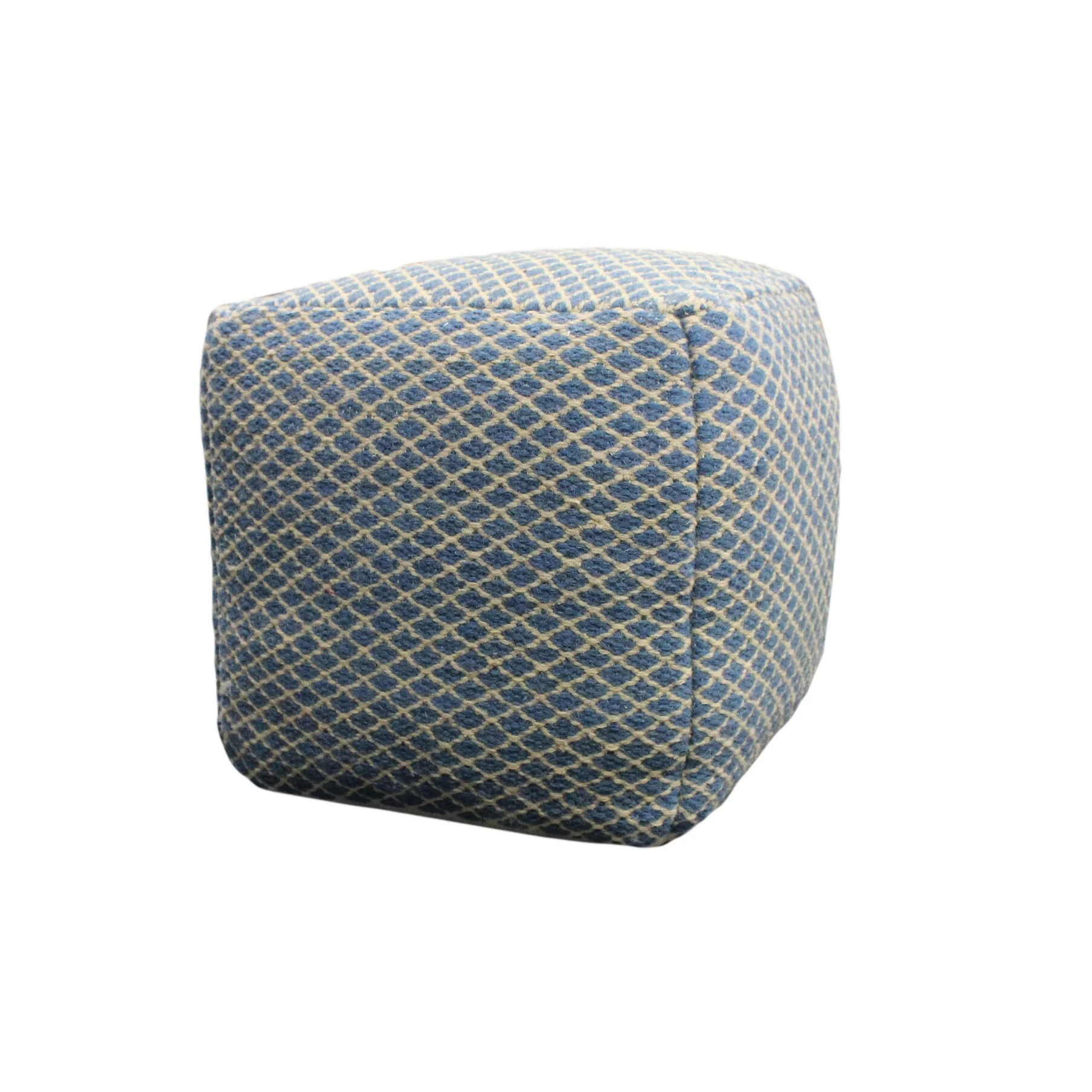 18 Blue and Beige Wool Cube Trellis Pouf Ottoman
