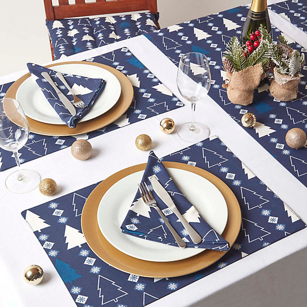 Lot de 4 sets de table noël sapins bleu en coton - HOMESCAPES