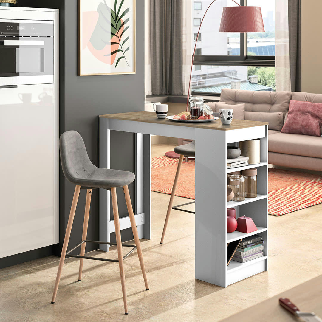 COCOON - Table bar effet bois blanc et chêne naturel