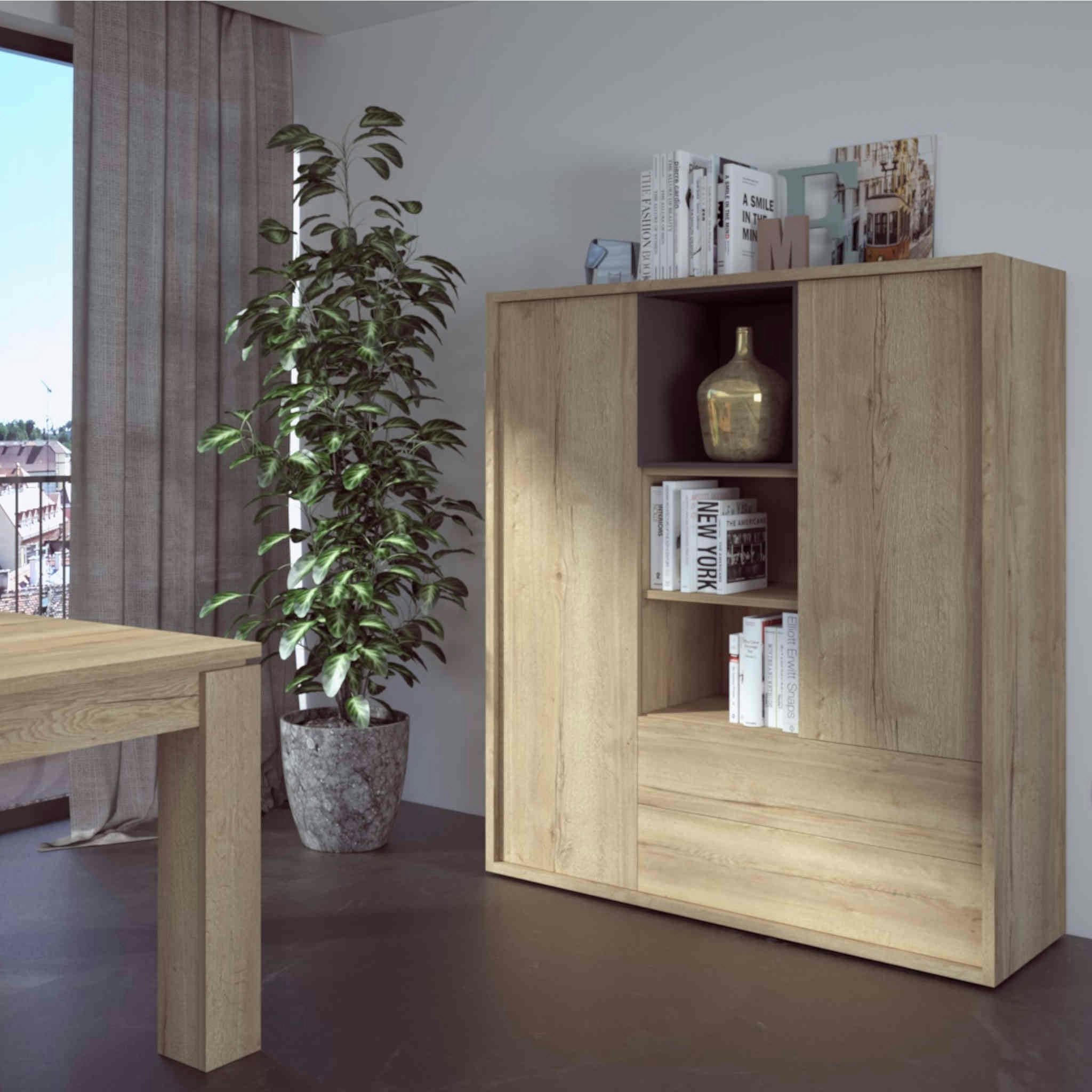 - Bibliothèque 2 portes 2 tiroirs avec niches 7 cases bois clair