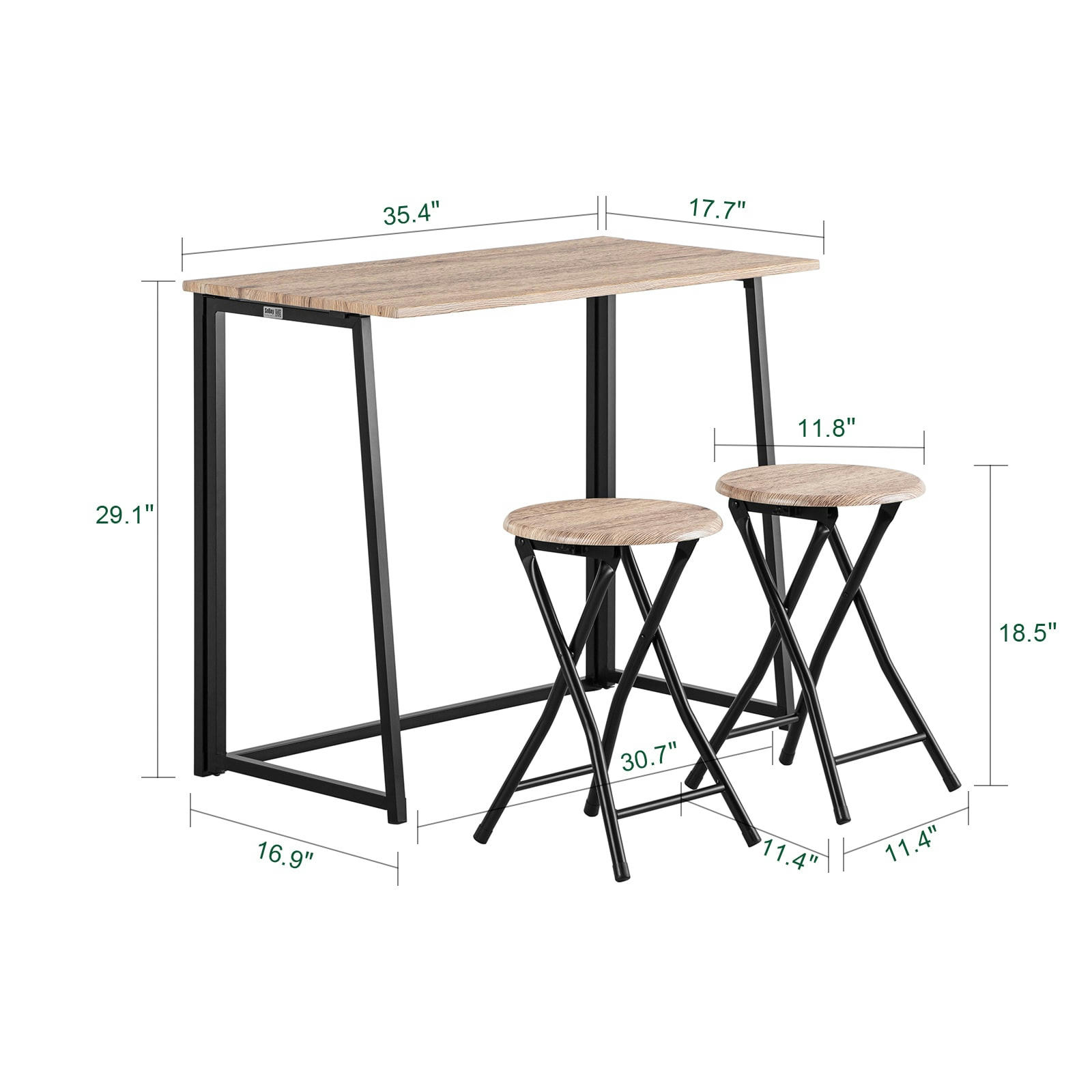 - Set de table pliante et 2 tabourets pliants effet bois et métal noir