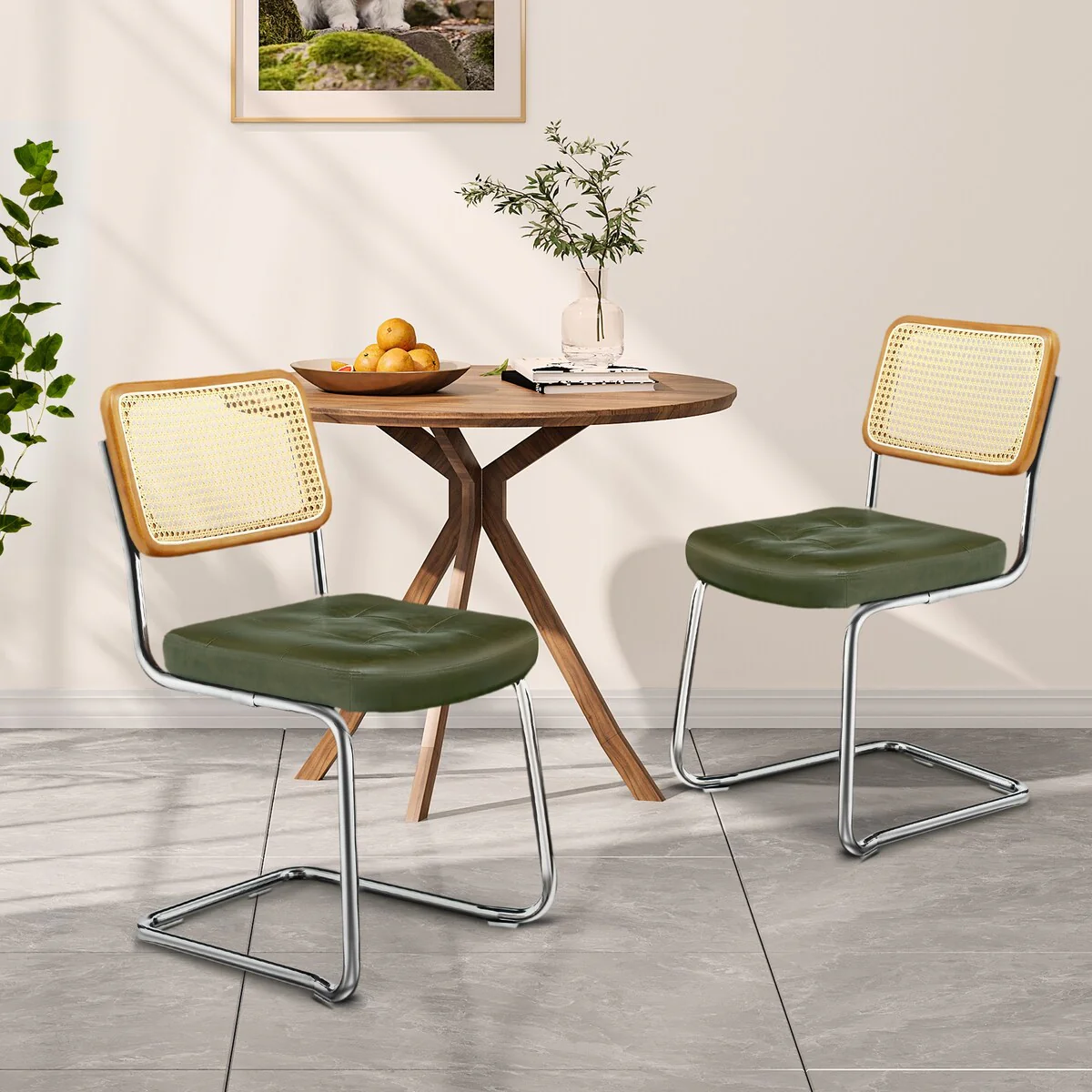 Moasis Rattan Back Faux Leather Hunter Green Dining Chairs