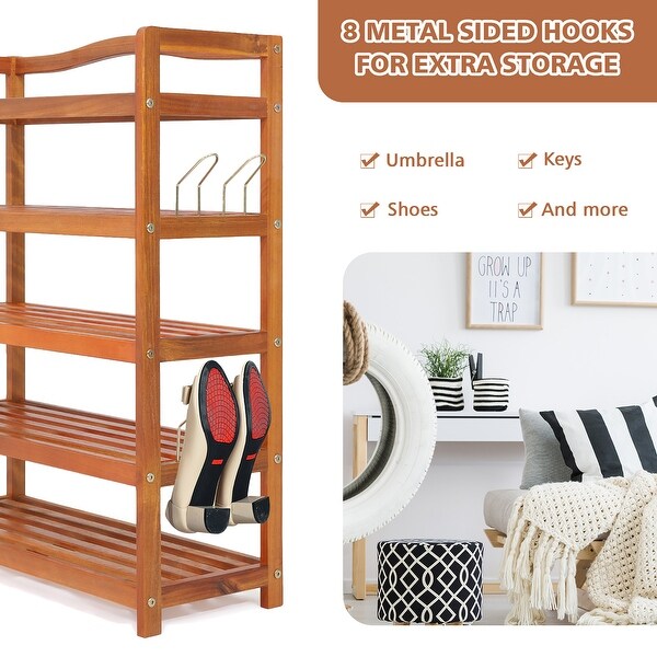Costway 5-Tier Wood Shoe Rack Solid Acacia Wood Shoe Shelf with Side