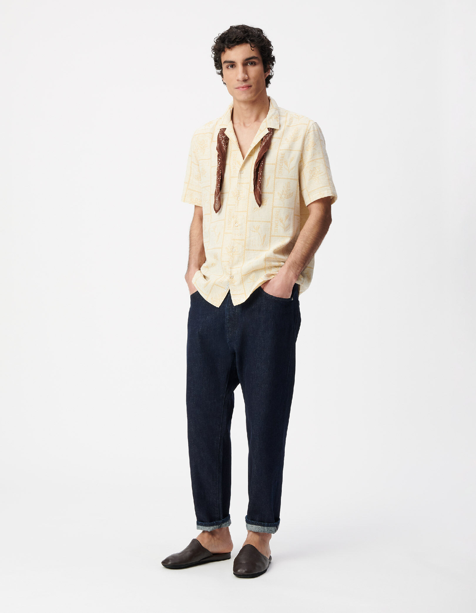 Chemise regular jaune coton bio imprimé timbres Homme