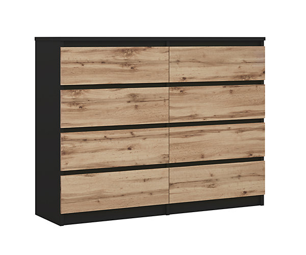 Commode 8 Tiroirs, Noir / Chêne Wotan, 120 X 101 X 39 Cm