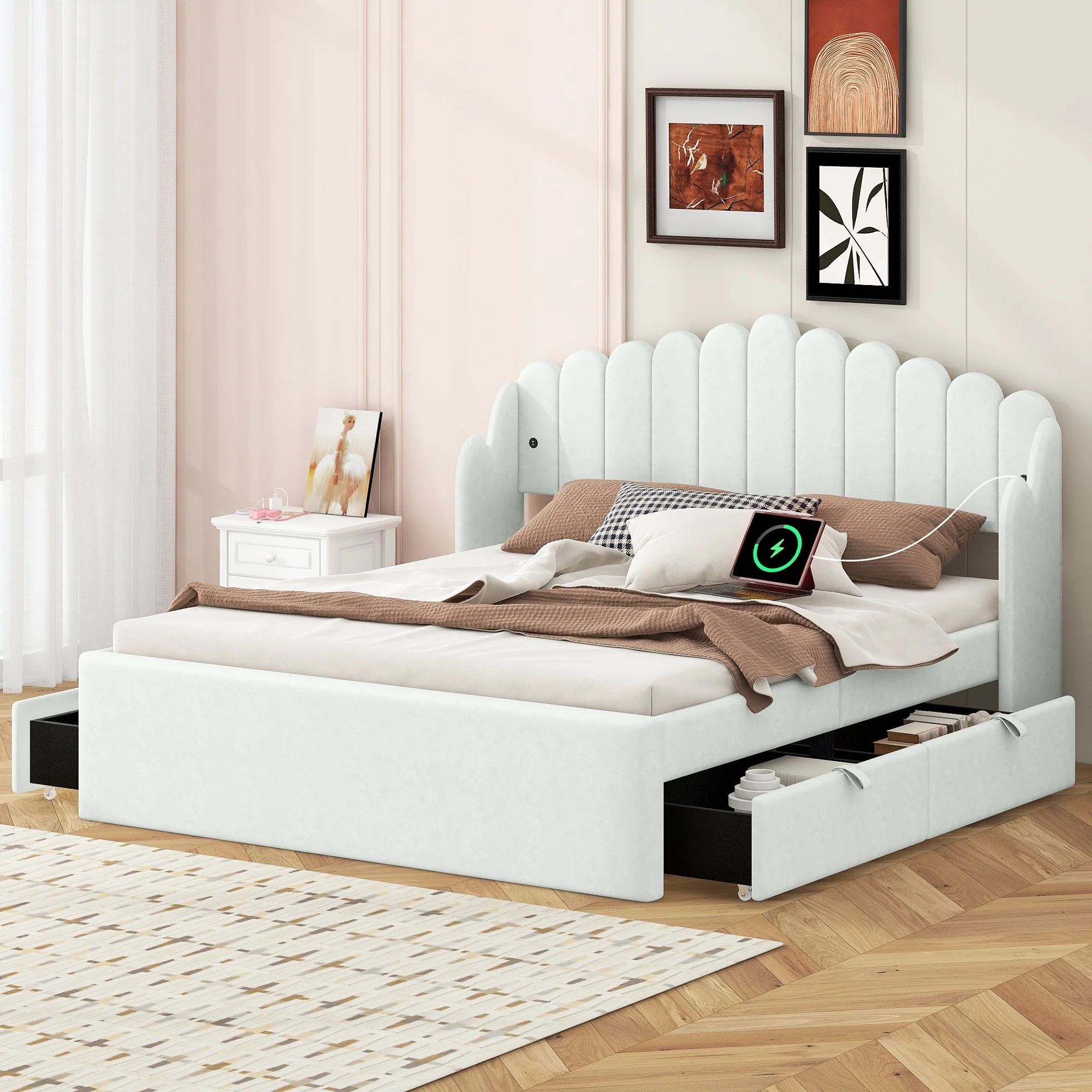 Pink Queen Platform Bed with 4 Storage Drawers and USB Charging Ports