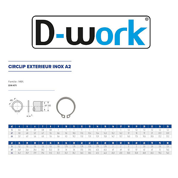 200 Circlips Extérieurs D. 5 mm - DIN 471 - Inox A2 - D-Work