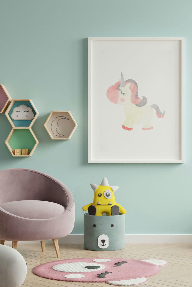 DECOWALL - Impression de licorne rouse encadrée en bois blanc 43X33 cm