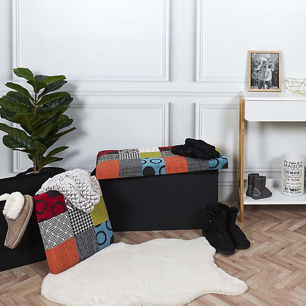 Banc coffre noir pliable couvercle à motifs Patchwork multicolore
