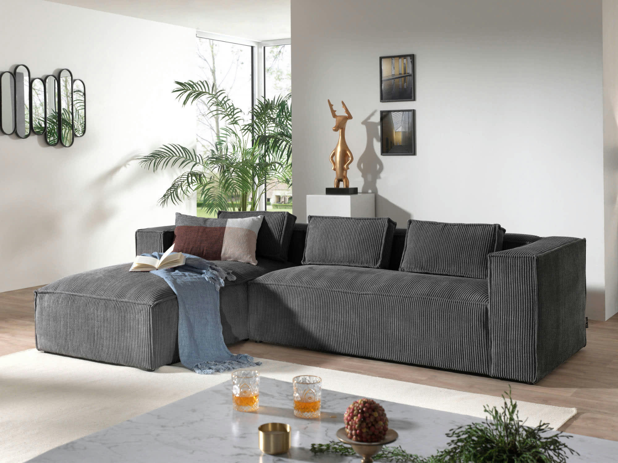 STELLA - Canapé d'angle gauche 4 places en velours côtelé gris foncé