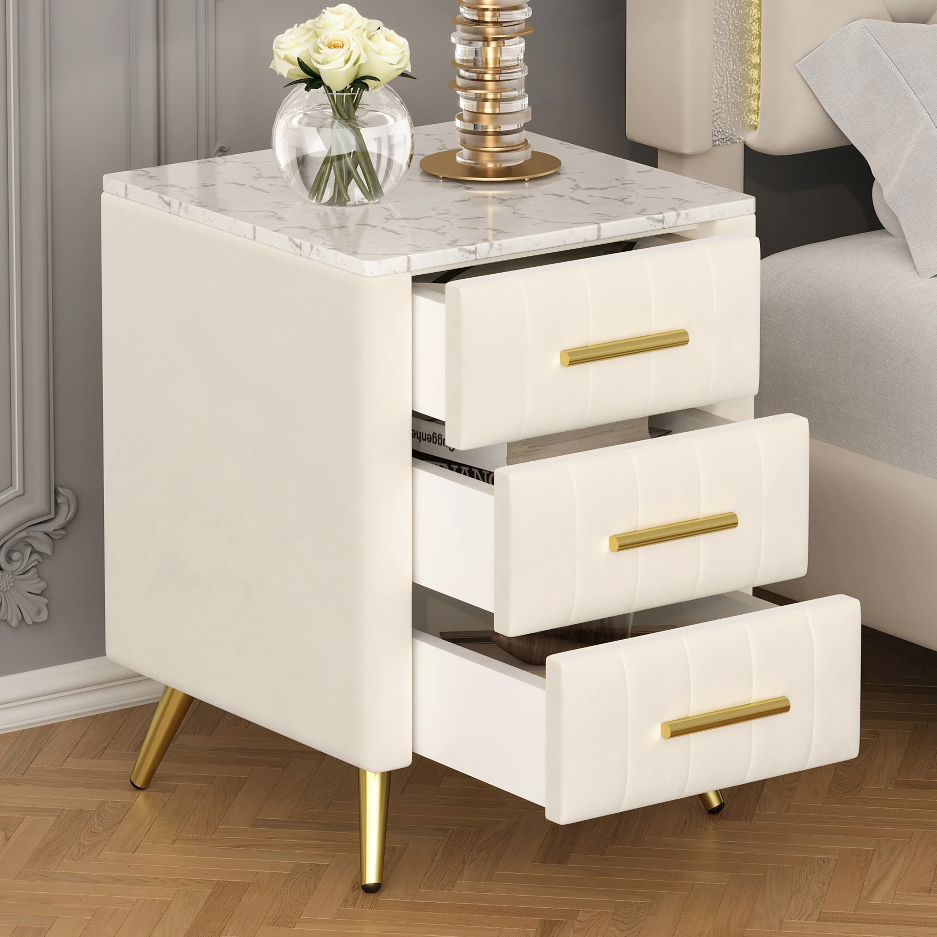 Velvet Upholstered Nightstand Marbling Worktop Bedside Table with Metal Handles and Legs, Side Table with 3 Drawers