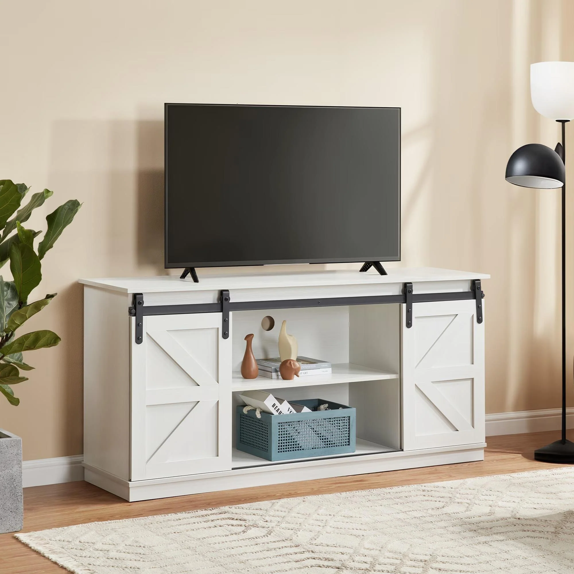 Homy Casa 58 White Farmhouse TV Stand for TVs up to 65, Sliding Barn Doors & Adjustable Storage Shelves - N/A