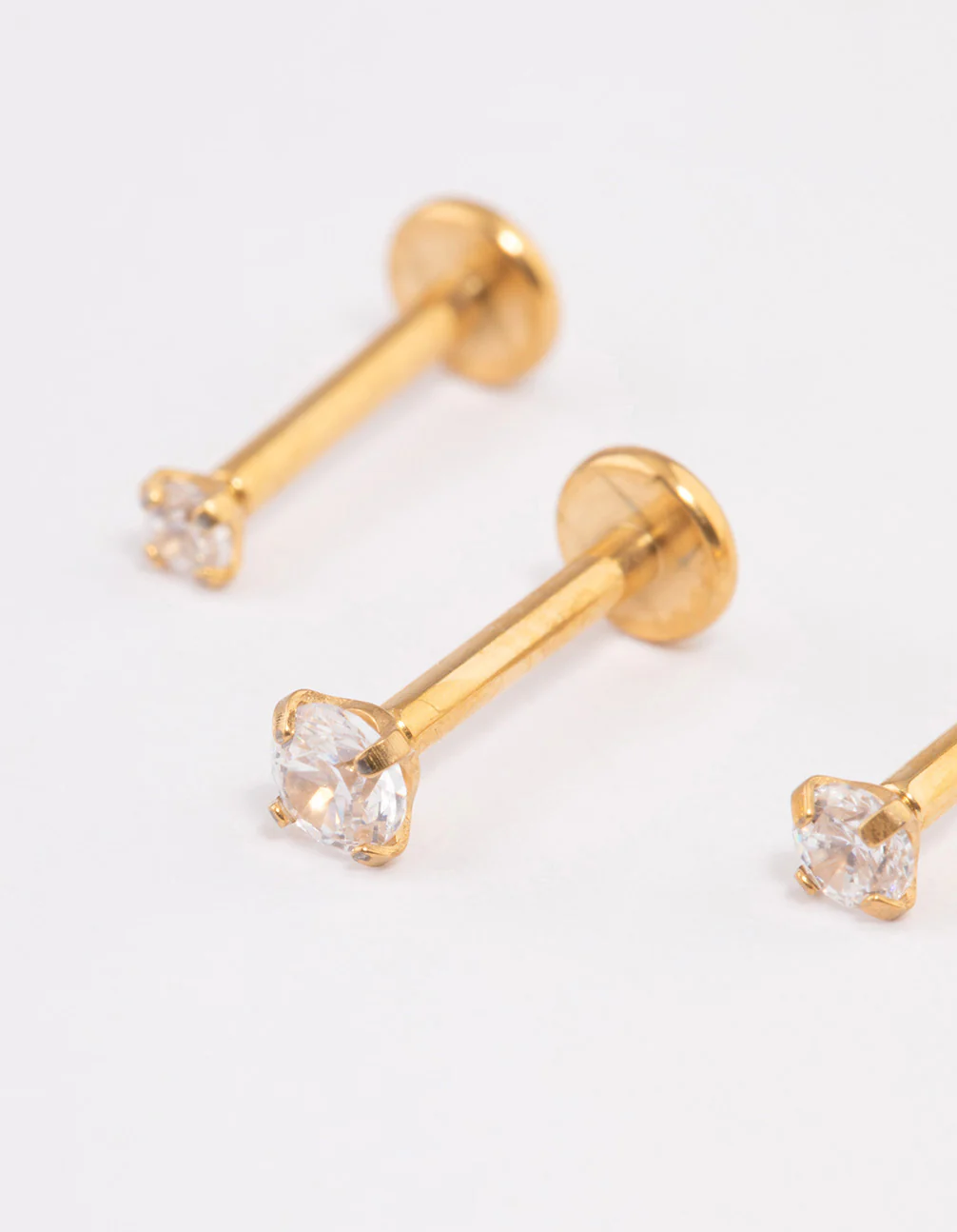 Gold Plated Surgical Steel Cubic Zirconia  Threadless Flat Back Studs Pack