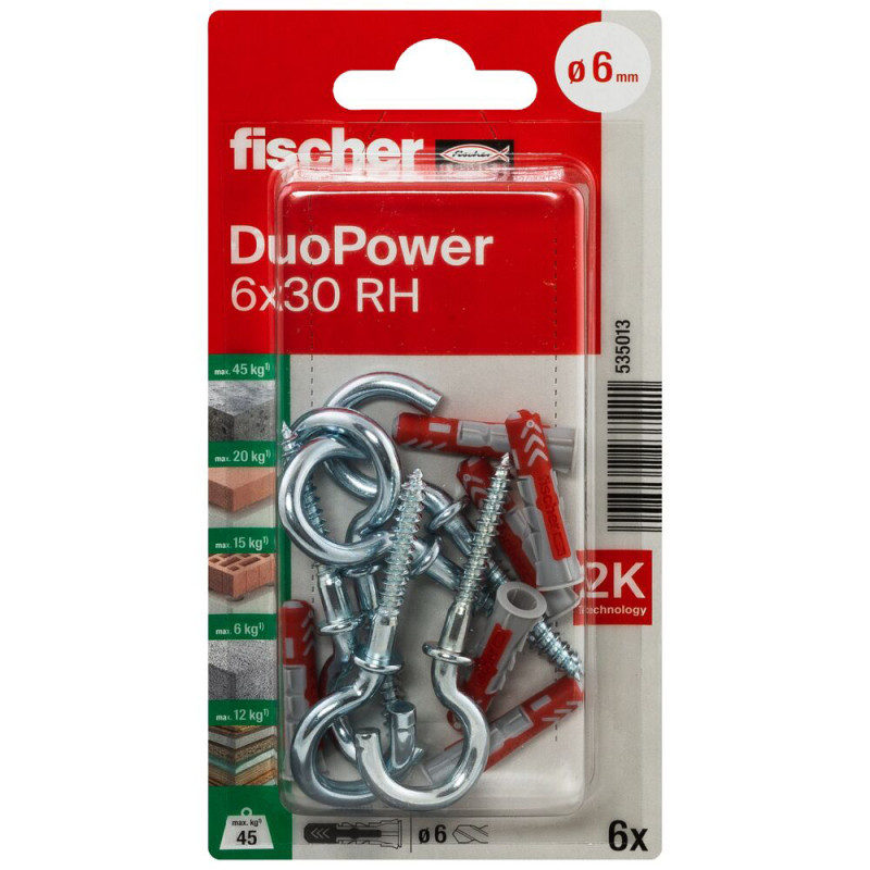 Cheville DuoPower RH en nylon avec collerette et crochet rond Ø 6 x 30 mm 6 pièces