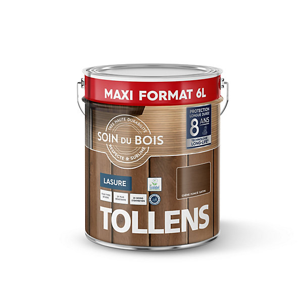 Lasure extérieure Soin du bois Tollens effet chêne foncé satin 6L