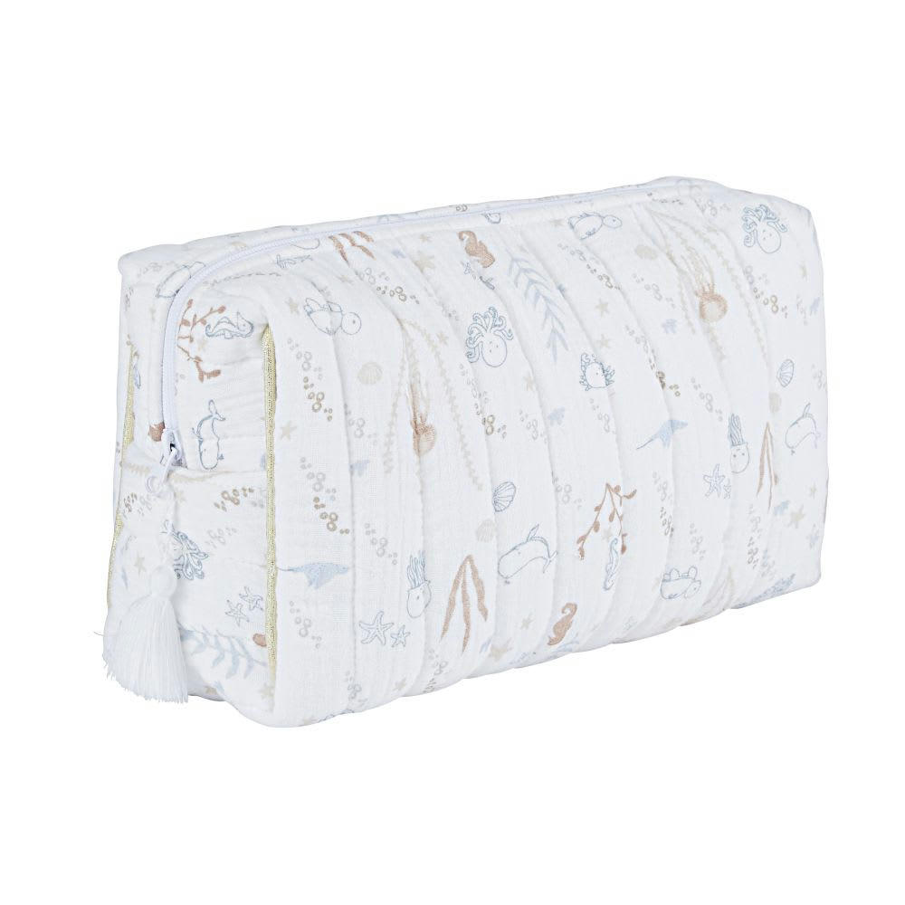 SAINT MALO - Trousse de toilette bébé en gaze de coton bio écru imprimé fonds marins