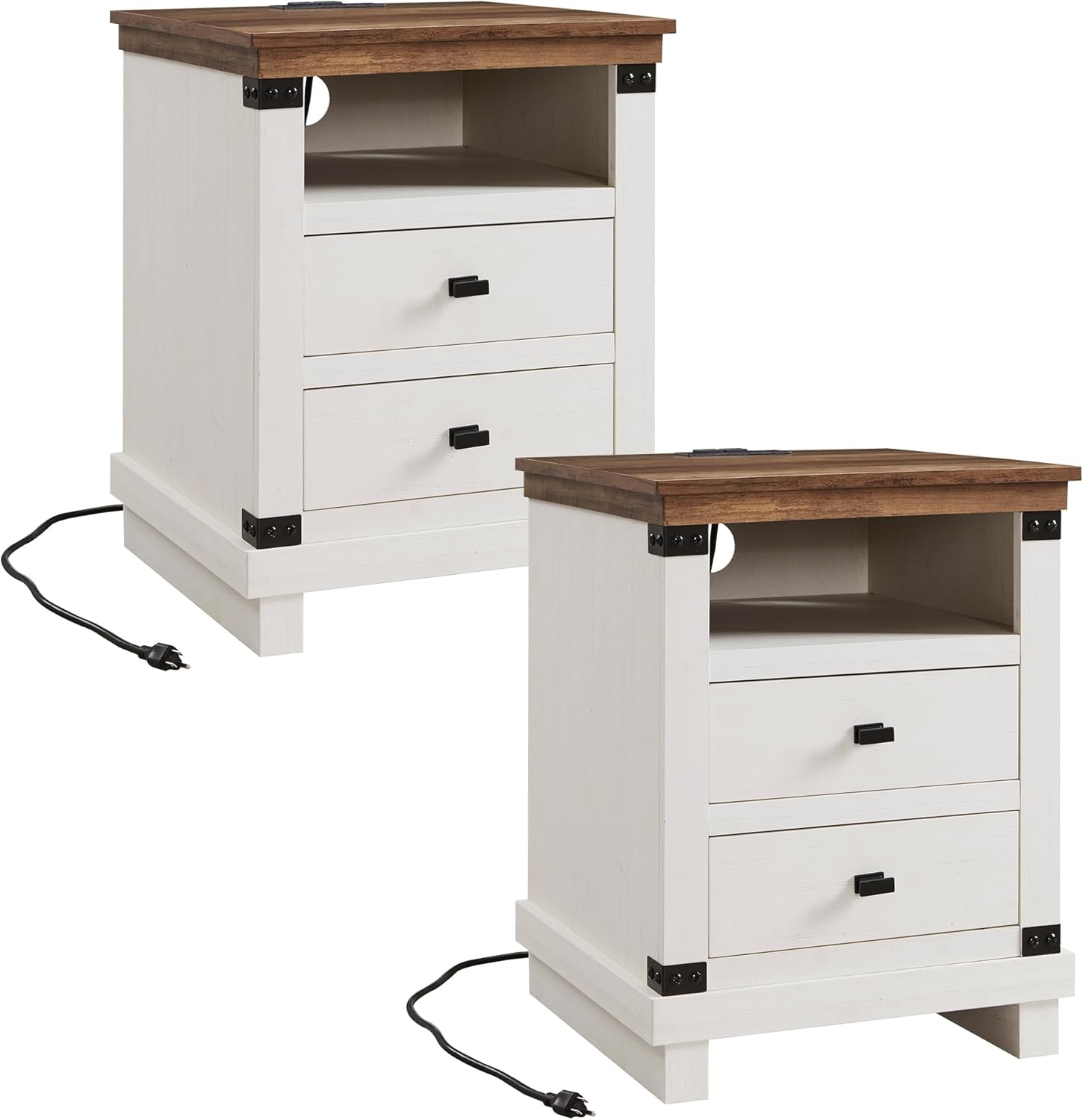 Farmhouse Nightstand Set of 2 with Charging Station, 18 Rustic Night Stand with 2 Storage Drawers, Wood End Table for Bedroom, Living Room, Antique White