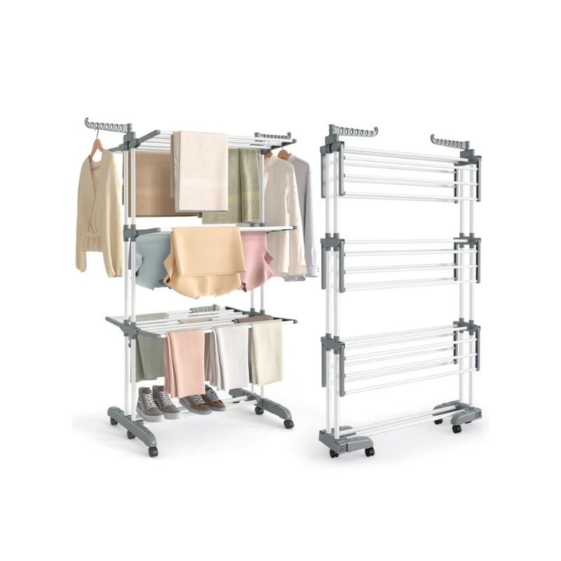 Étendoir à linge à niveaux pliable avec roulettes pratique robuste