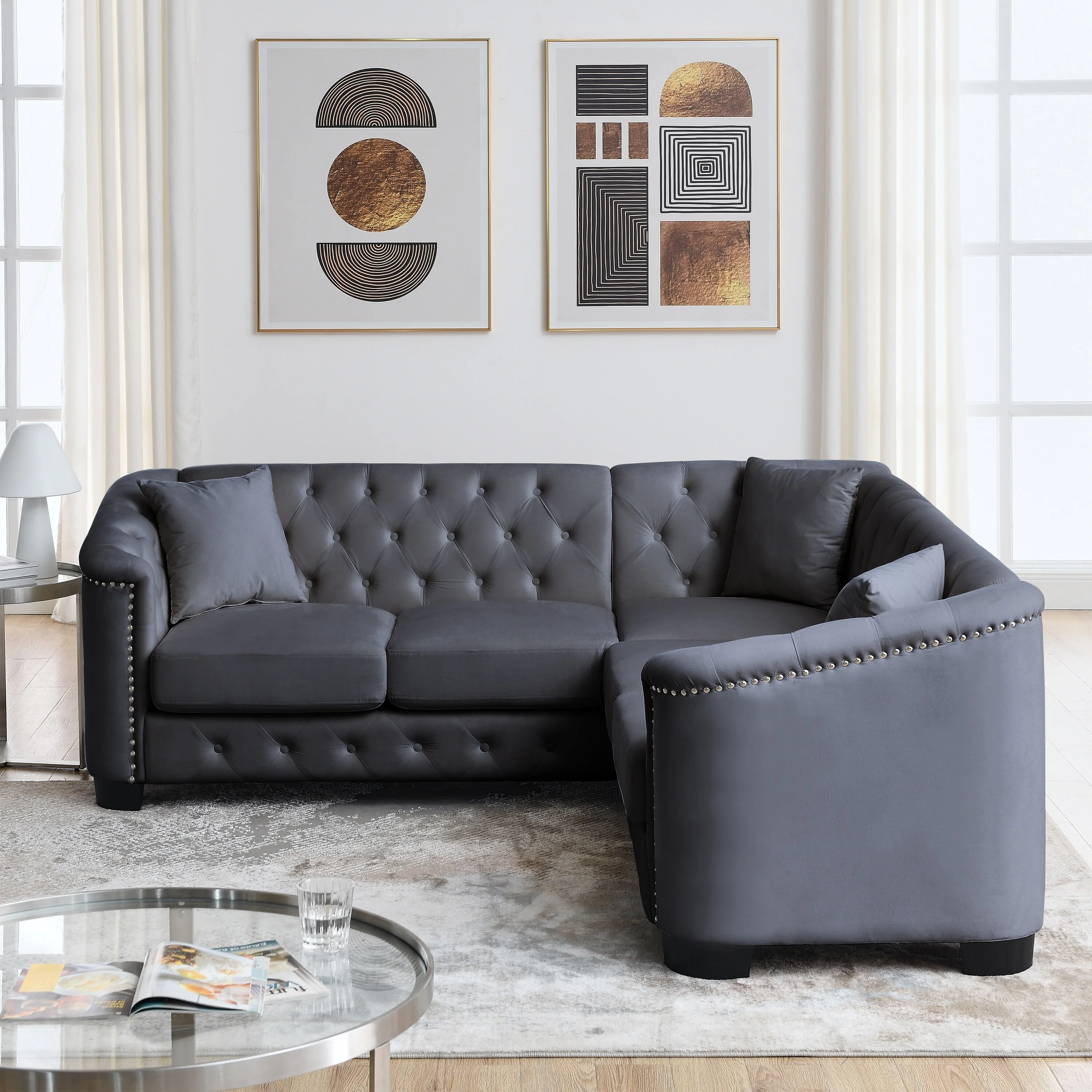 Grey 82'' Velvet Chesterfield L-Shaped 5 Seater Corner Couch with 3 Pillow, Nailhead Trim and Removable Cushions
