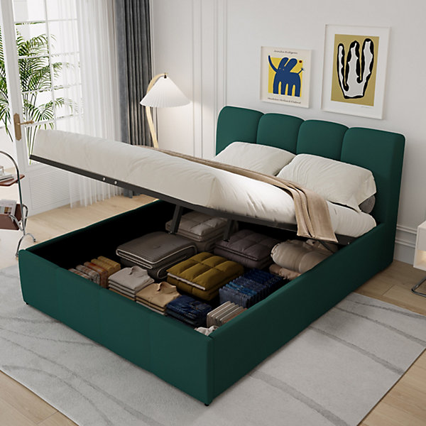 Lit coffre style nuage LED 140x190cm velours vert BALTIMORE