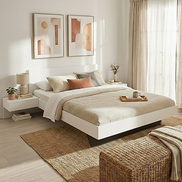 Lit COOL 140x190 cm   2 chevets   sommier   matelas CASSIE / Blanc