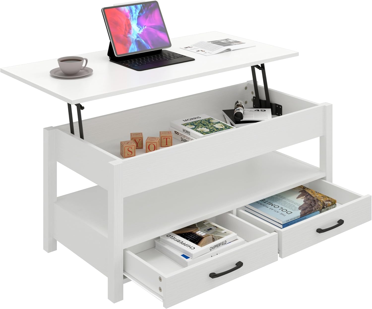 Panana Coffee Table, Lift Top Coffee Table with Hidden Compartment, 2 Drawers and 1 Open Shelf, Retro Central Wooden Table Lift Tabletop for Living Room (White)