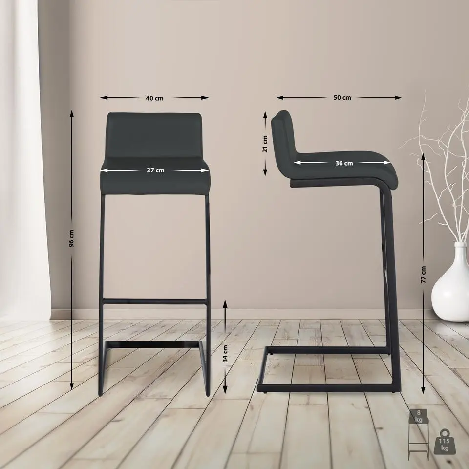 CLP Barkruk Newport zwart Frame - Kunstleer - donkergrijs